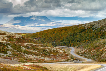挪威道路风景在秋季颜色