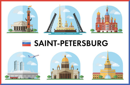圣彼得堡, 俄罗斯。城市景点的矢量插图
