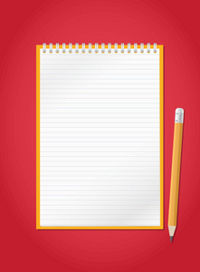 打开内衬现实记事本笔记本与螺旋和铅笔是在红色背景