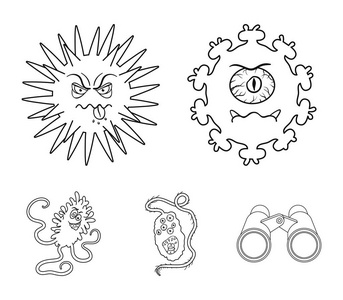 不同类型的微生物和病毒。病毒和细菌在大纲样式中设置收集图标矢量符号股票插图网站