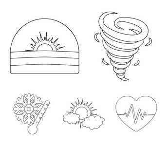 龙卷风 日出 云 雪和霜。天气在大纲样式矢量符号股票图 web 设置集合图标