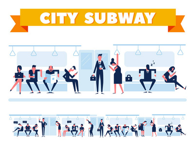 城市公共交通。城市地铁乘客, 地下列车内。平面矢量图。信息图形元素
