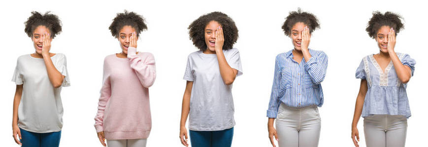 非洲裔美国妇女的拼贴画在孤立的背景覆盖一只眼睛与手在脸上自信的微笑和惊喜的情绪