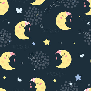 夜间模式与沉睡的月亮和星星在一个深蓝色背景.儿童 vektor 插图照片