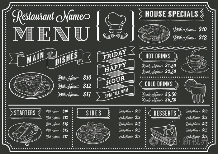 黑板上的餐厅,菜单模板