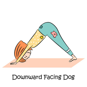 儿童瑜伽徽标。女孩在下犬犬。向量例证