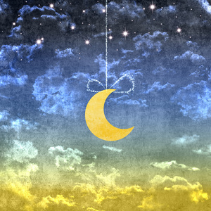 卡通风格黎明前天空中月亮, 云彩和星星照片