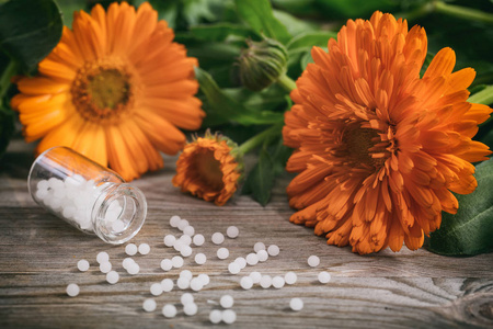 天然药物。新鲜盛开的金盏花, 花盆和白色药丸在一张木桌上