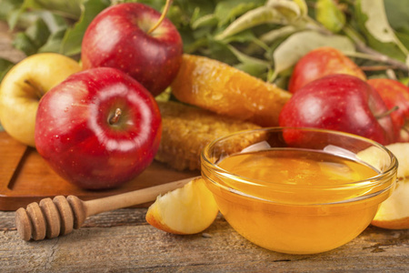 健康的天然蜂蜜, 有机苹果。自然营养的概念