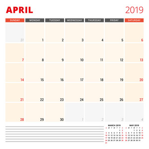 日历规划器模板2019年4月。星期从星期日开始。矢量插图