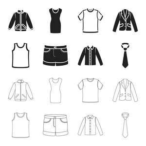 衬衫长袖, 短裤, t恤, 领带。服装套装集合图标黑色, 轮廓样式矢量符号股票插画网站