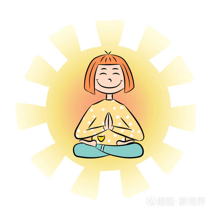 一个卡通滑稽的女孩坐在莲花位置瑜伽的形象瑜伽徽标向量例证