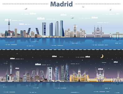 马德里城市天际线在日夜的矢量例证