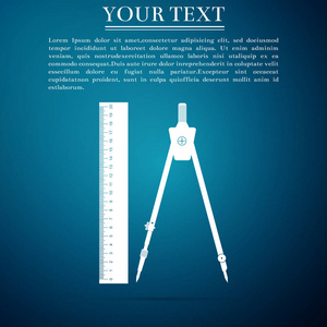 在蓝色背景上隔离的标尺和绘图罗盘图标。绘制专业仪器。几何设备。教育标志。平面设计。矢量插图