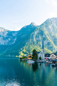 哈尔施塔特村庄在 Hallstatter 湖在奥地利阿尔卑斯, 萨尔茨卡梅谷区域, 哈尔施塔特, 奥地利