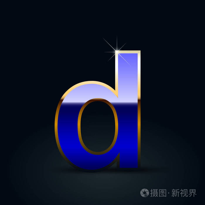 黑色背景上的蓝色光泽金属字母d小写