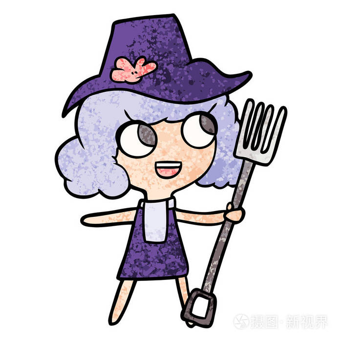 卡通农夫女孩与叉子