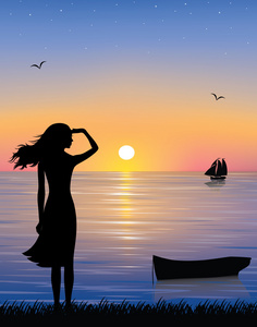 一艘船和优美的女人,看着美丽的夕阳与海上船的侧面影像照片