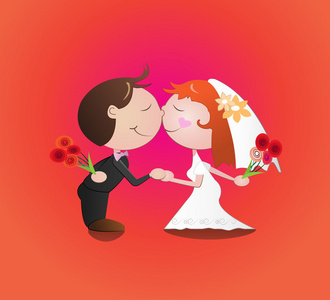 婚姻与卡通新郎和 bride.vector 图的婚礼上的亲吻