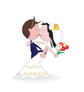 婚姻与卡通新郎和 bride.vector 图的婚礼上的亲吻