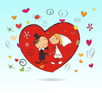 婚姻与卡通新郎和 bride.vector 图的婚礼上的亲吻