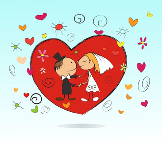婚姻的漫画婚姻与卡通新郎和 bride.vector 图的婚礼上的亲吻照片