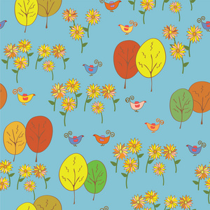 抽象的无缝秋图案与鸟类 树木 向日葵