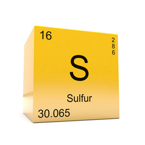 在光滑黄色立方体上显示的周期性表中的硫化学元素符号