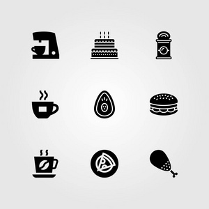 食物和饮料矢量图标集。蛋糕, 咖啡杯, 杯子和汉堡