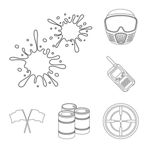 彩弹, 团队游戏轮廓图标集合中的设计。设备和装备矢量符号股票网页插图