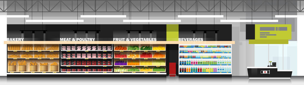 现代超市的内部场景与产品和收银柜台, 载体, 例证