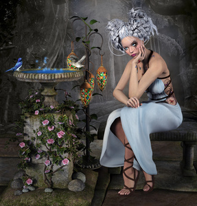 蓝仙女在一个被施了魔法的花园中的蓝仙女照片