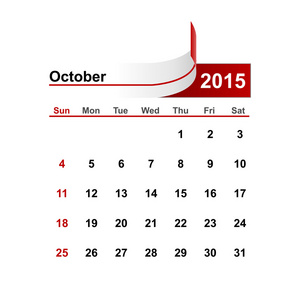 矢量简单的日历 2015 年十月月