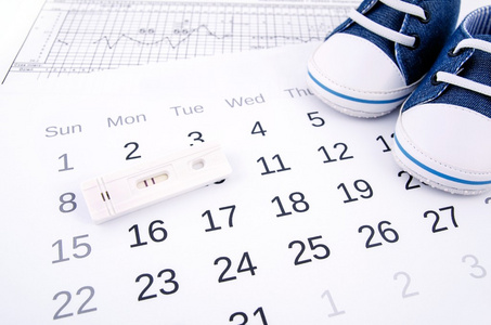 妊娠实验阳性日历和婴儿鞋上