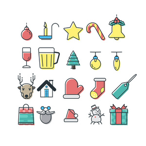 最小色彩图标设置圣诞节和新年庆典的圣诞图标矢量插图设计