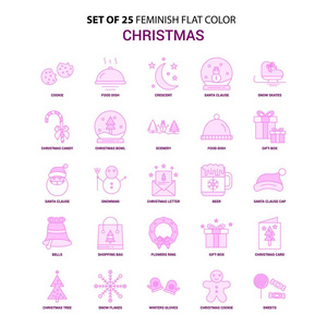 一套 25 Feminish 圣诞节平板彩色粉红色图标集
