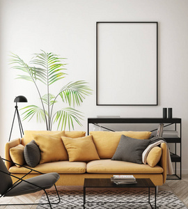 模拟海报框架在时髦的室内背景, 客厅, 斯堪的纳维亚风格, 3d 渲染, 3d 插图