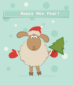 有趣的新年绵羊与一棵枞树贺卡