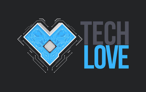 矢量电路板背景与心脏。技术概念模板与题词我爱科技抽象电子电路板在心脏形状