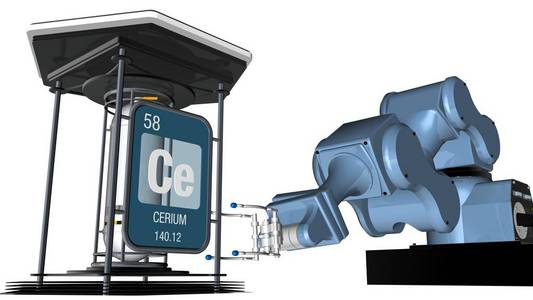 铈符号在正方形形状与金属边缘在机械胳膊前面将举行一个化学容器。3d 渲染。元素周期表的元素编号 58化学