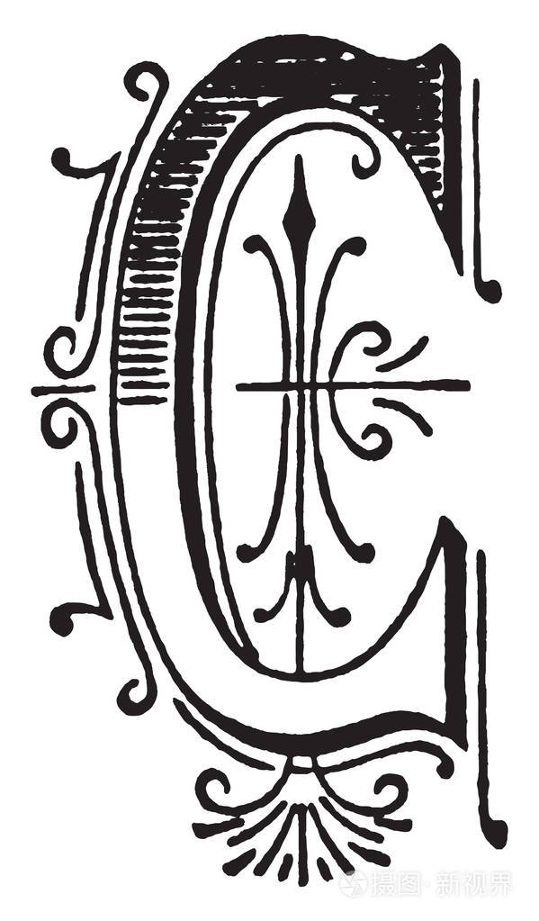 装饰性大写字母 c, 复古线条画或雕刻插图