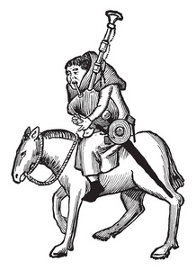 米勒, 这张照片显示米勒骑着马, 拿着乐器, 复古线画或雕刻插图