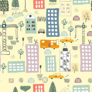 无缝模式与卡通街.矢量插图照片