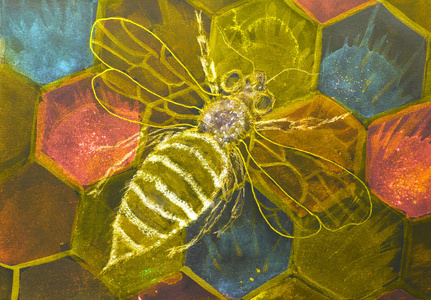 金黄蜂与张开的翼在六角建筑。由于纸张表面粗糙度的改变, 涂抹技术给出了一个软聚焦效应。
