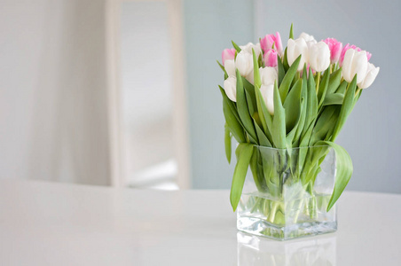 白色和粉红色的郁金香在一个白色的表被用作春季装饰背景