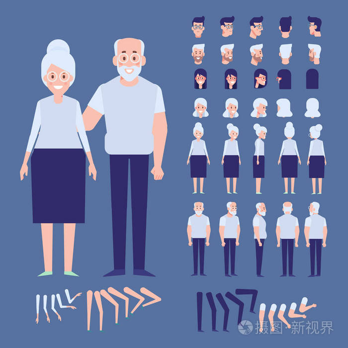 前, 侧, 后视图动画字符.老年夫妇创作集各种观点, 面对情绪.