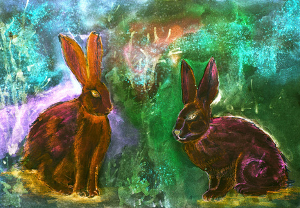 两只兔子在迷幻乐。由于纸张表面粗糙度的改变, 涂抹技术给出了一个软聚焦效应。