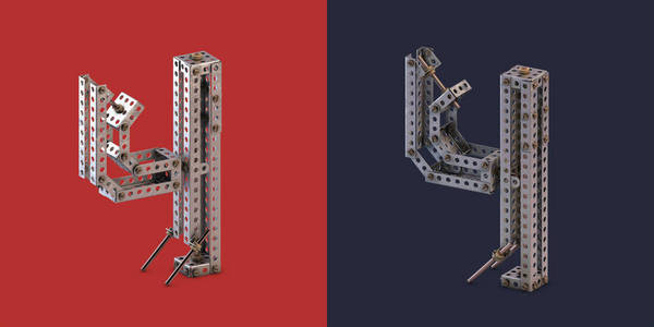 3d. 具有深蓝色和红色背景的金属构造器字体。3d 渲染。数字4