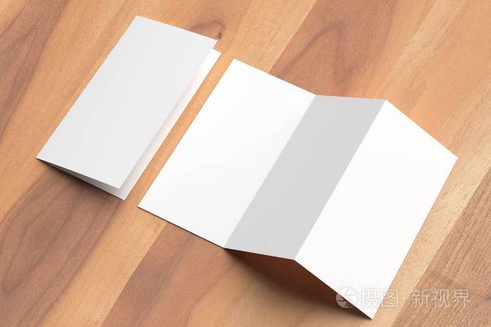 thrifold三折叠小册子在木质背景上模拟3d