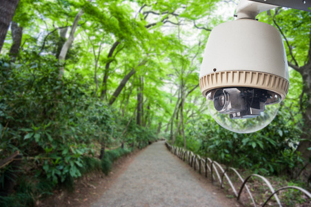 闭路电视摄像机或监视操作在公园或绿色的花园